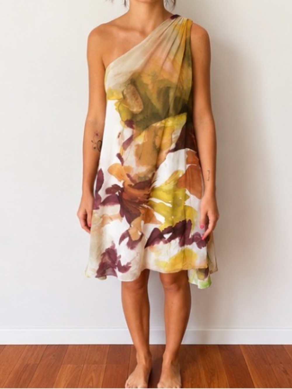 Maggy London One-Shoulder Floral Watercolor Dress in Yellow, Brown, and Cream